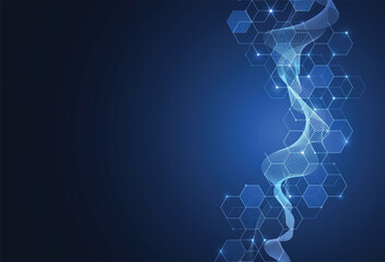 Wall Mural - Abstract science template background. Technology lines and dots connection. Wallpaper or banner with a DNA molecules.