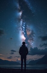 Wall Mural - Silhouette of person on coast observes milky way. Night skies, cosmos observation. Stars, galaxy and nebulae illuminate the scene. Concept of universe exploration, mental health, calm and mindfulness.