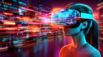 Poster - Woman wearing virtual reality headset surrounded by a dynamic futuristic landscape filled with vibrant neon lights and abstract digital elements