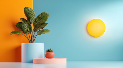 Aufkleber - vibrant modern interior with colorful walls, featuring large plant in blue pot and small succulent in red pot, creating sculptural elegance
