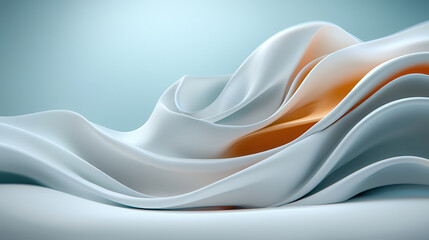 Poster - flowing, wave like abstract sculpture with smooth, layered curves in soft white and orange hues creates sense of movement and fluidity against light blue background