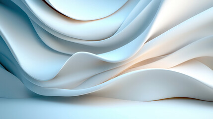 Poster - Abstract parametric sculpture with flowing wave like layers in soft blue and white tones, creating serene and fluid visual experience
