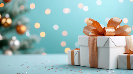 Aufkleber - Elegant gift boxes with rose gold ribbons are set against soft pastel blue background, creating festive and joyful atmosphere