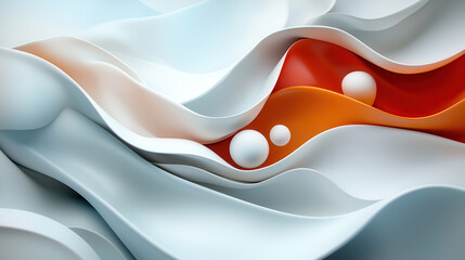 Poster - Undulating geometric layers in sleek design with vibrant orange and white tones create dynamic visual flow, featuring smooth curves and spherical elements