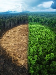 Poster - Contrasting deforested land and thriving forest highlights urgent need for nature conservation and sustainable practices. Generative AI