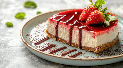 Poster - gourmet strawberry cheesecake with drizzle of chocolate and fresh strawberries on top, served on ceramic plate, creating delightful dessert presentation