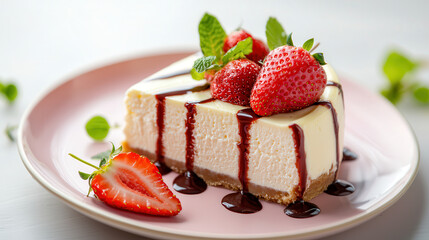 Aufkleber - gourmet strawberry cheesecake with drizzle of chocolate sauce, garnished with fresh mint leaves, sits elegantly on pink plate, creating delightful dessert presentation