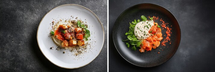 Poster - Creative culinary presentation featuring intricate dishes with vibrant ingredients in modern plating style. Generative AI
