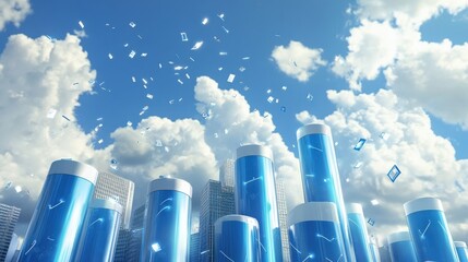 Wall Mural - Futuristic cityscape with blue glass towers under a bright sky, showcasing innovation and progress