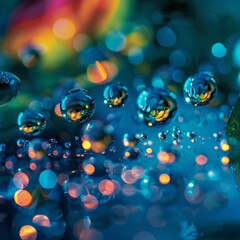 Poster - A realistic close-up photograph of water droplets on a reflective surface.