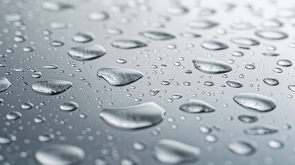 Poster - A realistic close-up photograph of water droplets on a reflective surface.