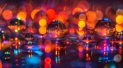 Poster - A realistic close-up photograph of water droplets on a reflective surface.