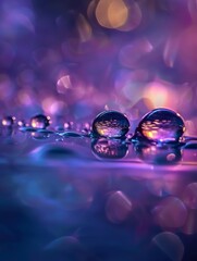 Poster - A realistic close-up photograph of water droplets on a reflective surface.