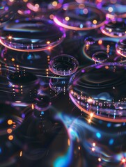 Poster - A realistic close-up photograph of water droplets on a reflective surface.