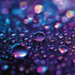 Poster - A realistic close-up photograph of water droplets on a reflective surface.
