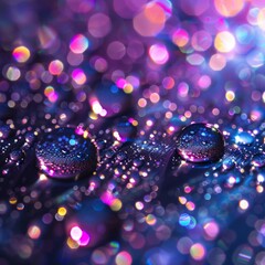 Poster - A realistic close-up photograph of water droplets on a reflective surface.