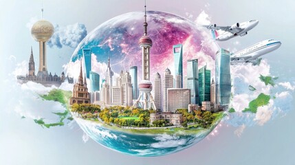Poster - futuristic cityscape with towering skyscrapers a surreal glowing planet globe and airplanes flying o