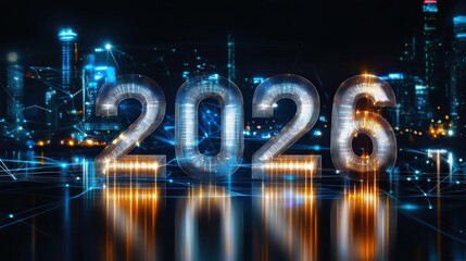 Poster - a visually striking cityscape depicting a futuristic metropolis at night with glowing numerals 2026 