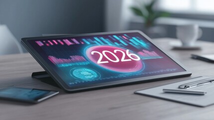 Poster - futuristic digital dashboard showcasing 2025 trends and analytics displayed on a tablet computer pla