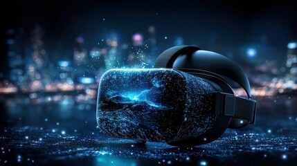 Poster - Immersive virtual reality headset experience in a futuristic digital cityscape landscape with abstract surreal elements and lighting effects