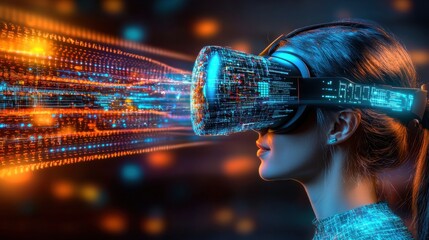 Poster - A young woman wearing a virtual reality headset or goggles fully immersed in a futuristic abstract digital cyberspace environment with dynamic neon lights illuminating colors