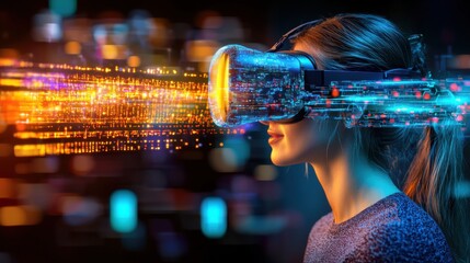 Poster - Woman wearing virtual reality headset experiencing an immersive digital environment filled with futuristic technology cyberspace and simulated reality