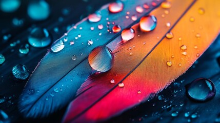 Poster - Vibrant blue and orange feathers with water droplets, close-up view. Nature and beauty concept
