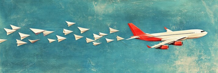 Aufkleber - Red and white airplane leads formation of paper planes against bright blue sky showcasing leadership and guidance. Generative AI