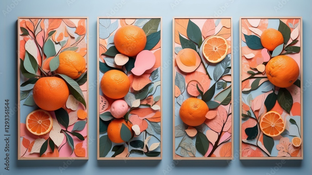 Four vertical panels featuring a repeating pattern of oranges, leaves ...