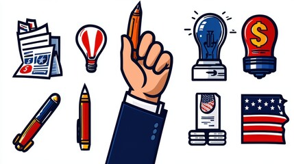 Poster - inspiring business concept with creative light bulb hand gesture pencil and graph symbols representi