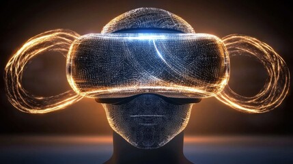Fototapete - Stunning 3D visualization of a futuristic holographic sphere surrounded by dynamic glowing energy ribbons in an abstract immersive digital environment