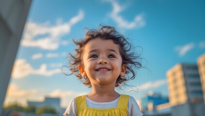 Wall Mural - Young child stands against a clear blue sky, showcasing natural beauty and innocence in an urban setting during daylight