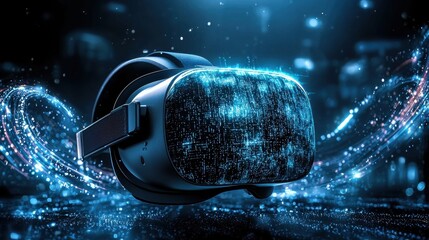 Fototapete - Cutting Edge Virtual Reality Headset Immersed in Futuristic Digital Landscape with Vibrant Cosmic Visuals   Innovative Intelligence