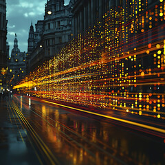 Poster - Dynamic light streaks illuminate a city street at night, creating an abstract, futuristic cityscape.  Perfect for technology, innovation, data, and transportation concepts.