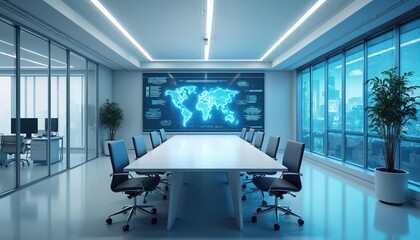 Poster - Modern tech company conference room interior with world map on screen. Futuristic office background, empty workspace with contemporary design, digital space. Business architecture, high technology