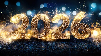Poster - Dazzling fireworks display lighting up the night sky with a spectacular for the New Year 2026  Glittering golden sparkles and bright lights create a vibrant festive