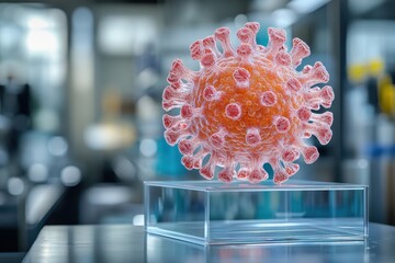 Poster - Detailed visualization of a coronavirus model in a scientific lab setting with high-tech equipment