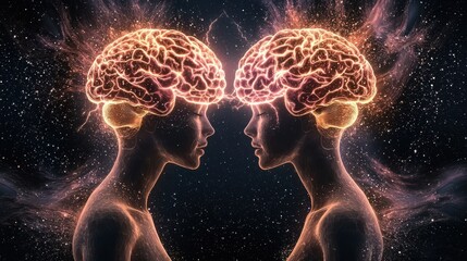 Poster - Glowing interconnected brains against a backdrop of a cosmic starry universe representing the vast potential and transcendent nature of human consciousness creativity and intelligence