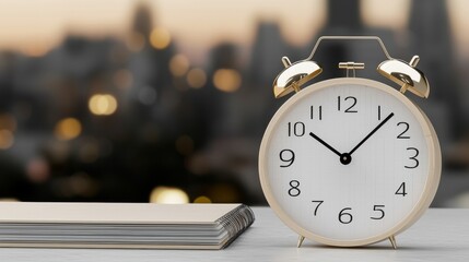 Poster - Vintage analog alarm clock standing on a wooden desk or table with a blurred city skyline in the background  The clock displays the time suggesting a morning or evening routine productivity