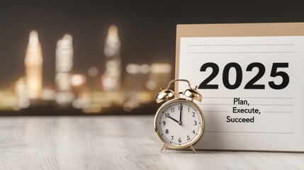 Poster - Planning for Success Reaching 2025 Goals with a Deadline Driven Strategy  This image depicts a desk setup with a clock alarm and calendar symbolizing the importance of time management goal setting