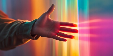 Aufkleber - A colorful hand reaching out towards vibrant light streaks. This image showcases a blend of artistic style and modern aesthetics. It evokes feelings of creativity and exploration. AI