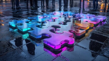 Poster - Glowing neon lights reflected in the puddles of a vibrant futuristic city nightscape creating a mesmerizing abstract pattern of geometric shapes and vibrant colors  The modern