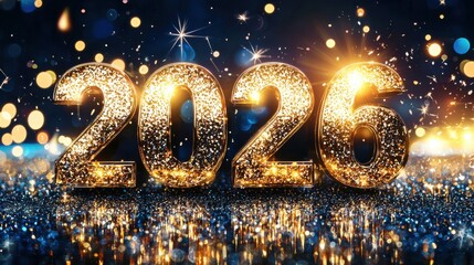 Poster - Glistening Golden New Year 2026 with Sparkling Bokeh and Fireworks  Shiny glitter 3D numbers against a night sky with dazzling fireworks display and blurred bokeh lights creating a vibrant