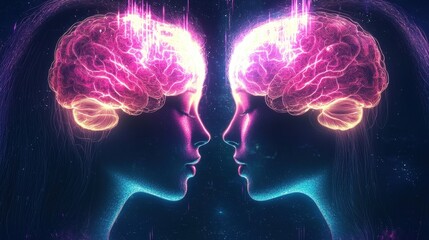 Poster - Glowing Dual Brains Emitting Vibrant Cosmic Energy in Surreal Digital Landscape   A conceptual and visionary representing the power of the human mind creativity