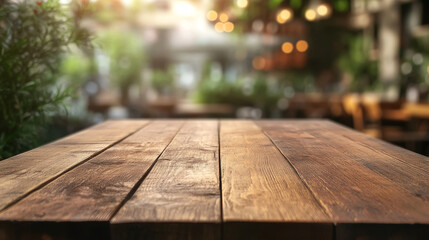 Wooden kitchen table corner, perspective view with texture. Wood tabletop angle surface for product presentation. 3d empty garden desk on foreground for dining display in rustic restaurant template