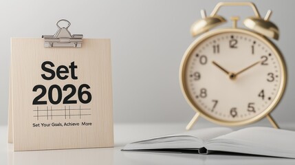 Poster - Setting goals and making plans for the year 2026 with a desk alarm clock as a symbol of time management and organization to achieve success and growth in the future