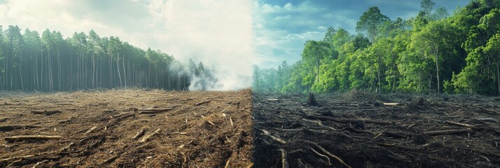 Poster - Contrast of deforested land and thriving forest highlights importance of nature conservation efforts. Generative AI