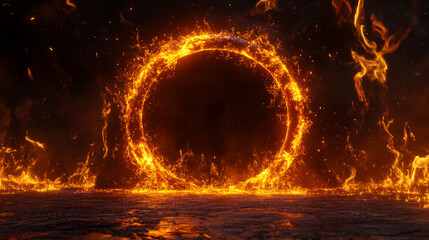 Wall Mural - Magic circle portal with fire, neon glow and sparks on black background. Realistic vector illustration set of light ring with red and orange hot flare glow effect. Bright round border with flame.