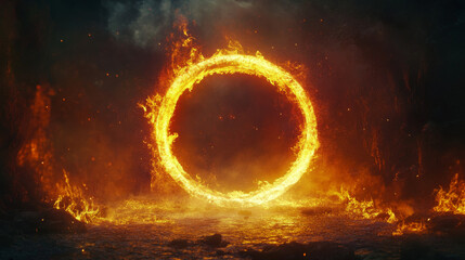 Wall Mural - Magic circle portal with fire, neon glow and sparks on black background. Realistic vector illustration set of light ring with red and orange hot flare glow effect. Bright round border with flame.
