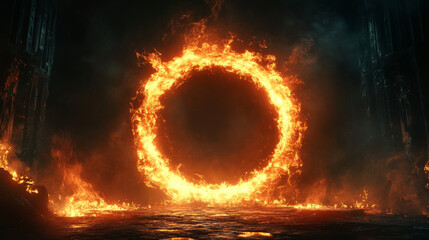 Wall Mural - Magic circle portal with fire, neon glow and sparks on black background. Realistic vector illustration set of light ring with red and orange hot flare glow effect. Bright round border with flame.